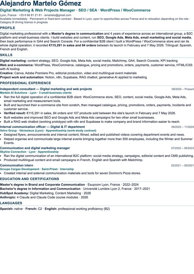 Preview of Alejandro Martelo’s CV, one A4 page