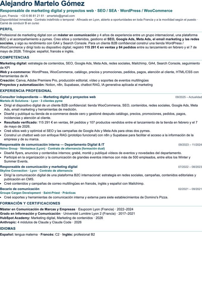 Vista previa del CV de Alejandro Martelo, una página A4