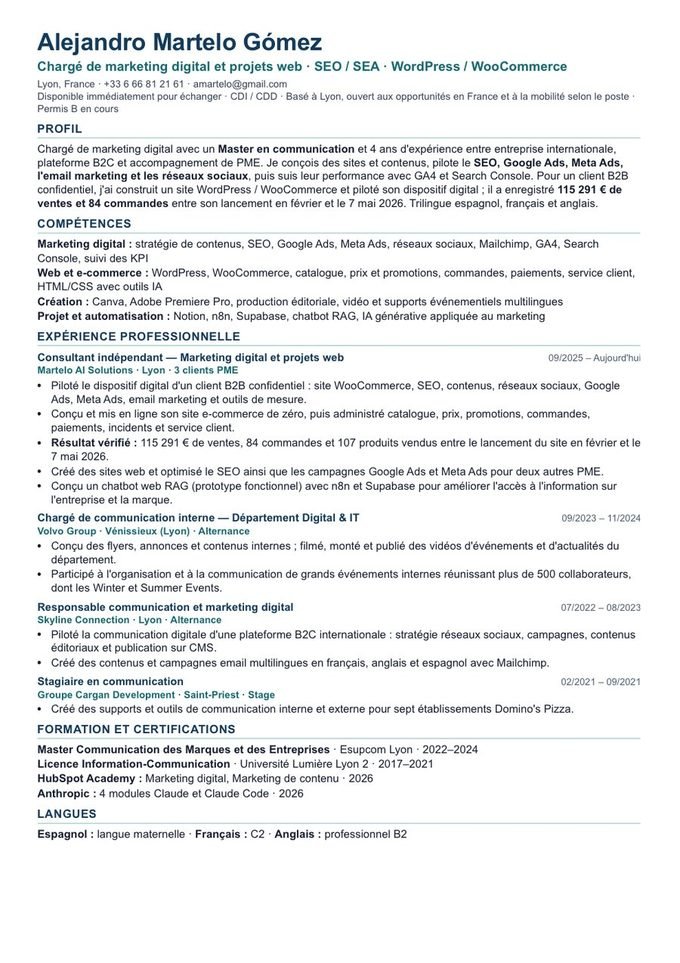 Aperçu du CV d'Alejandro Martelo, une page A4