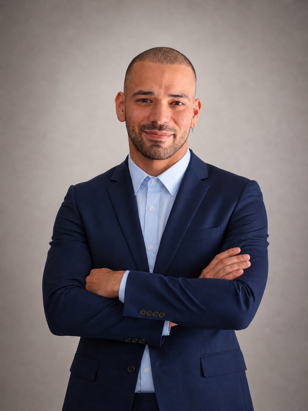 Alejandro Martelo en costume bleu, portrait professionnel en couleur