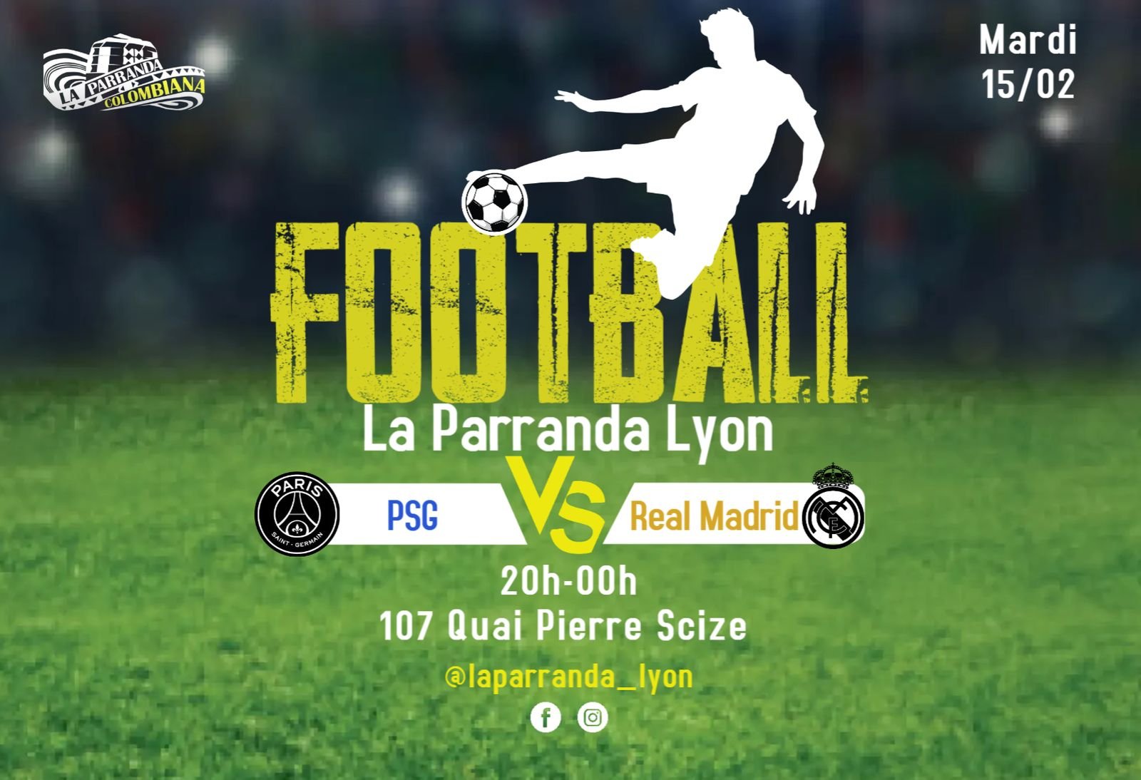 Affiche d'une soirée football à La Parranda Colombiana